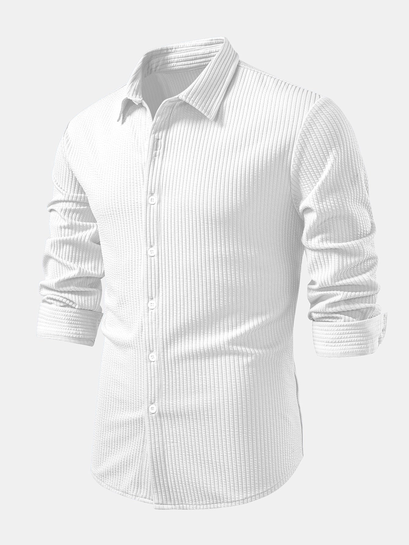 Ribbed Long Sleeve Muscle-Fit Button-Up Shirt