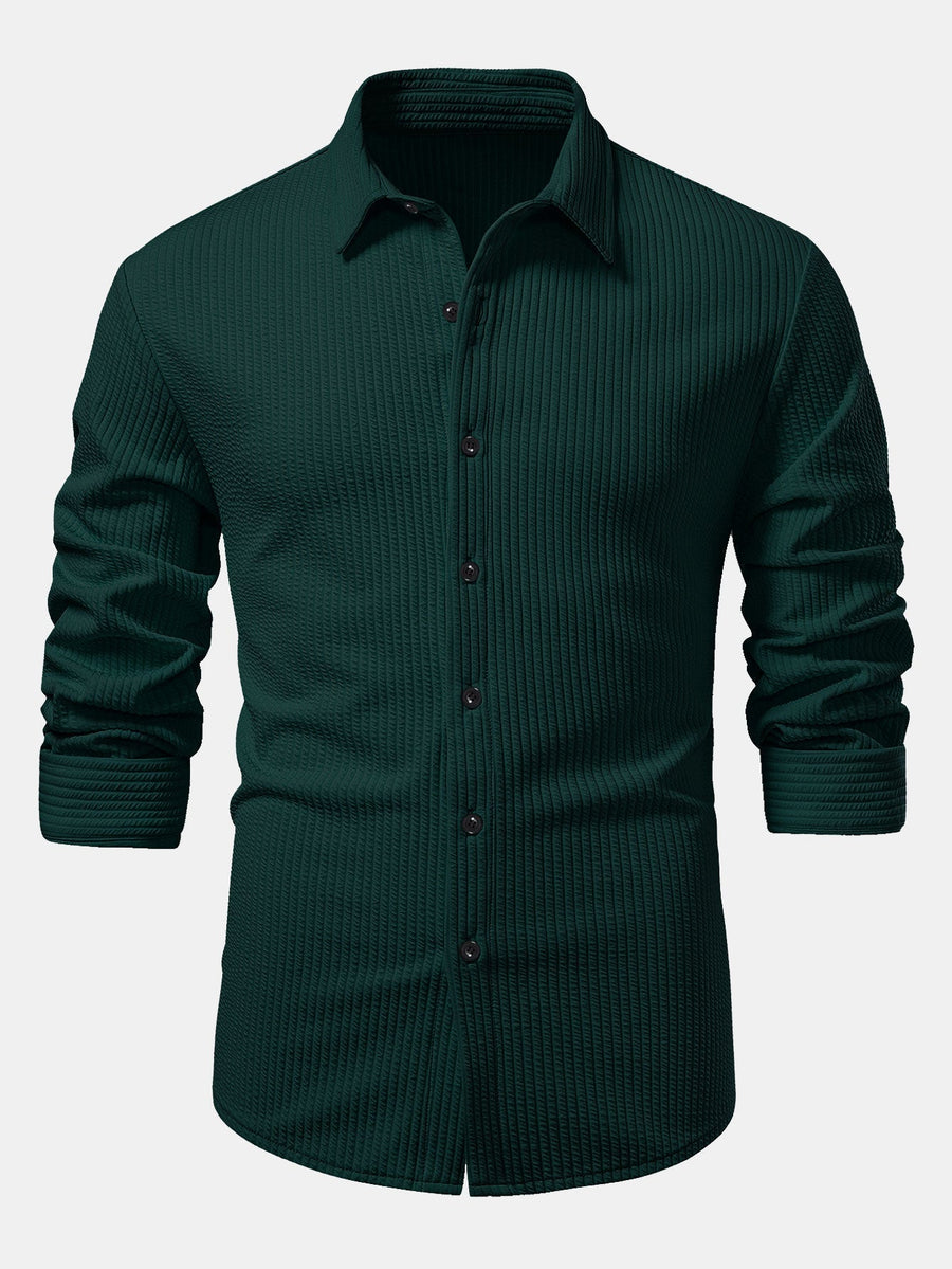 Ribbed Long Sleeve Muscle-Fit Button-Up Shirt