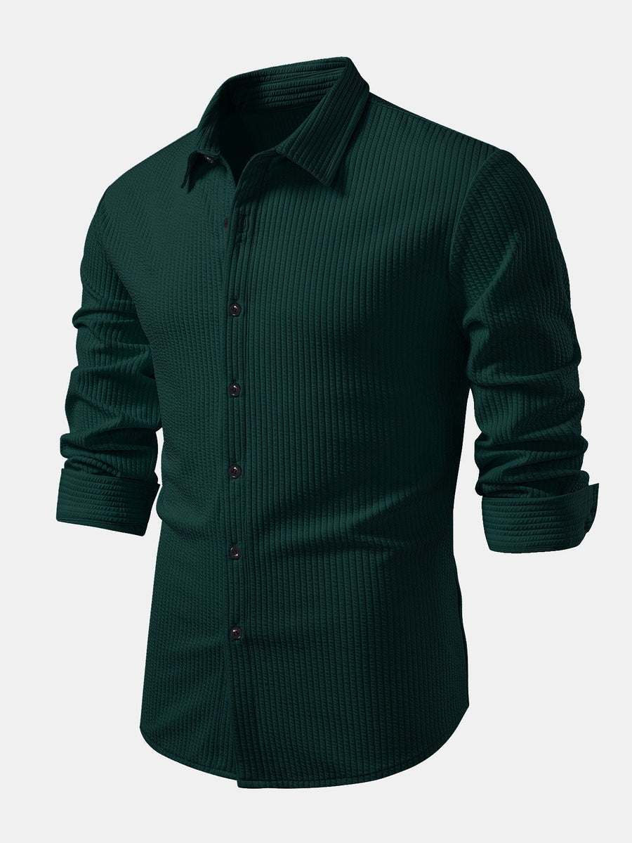 Ribbed Long Sleeve Muscle-Fit Button-Up Shirt