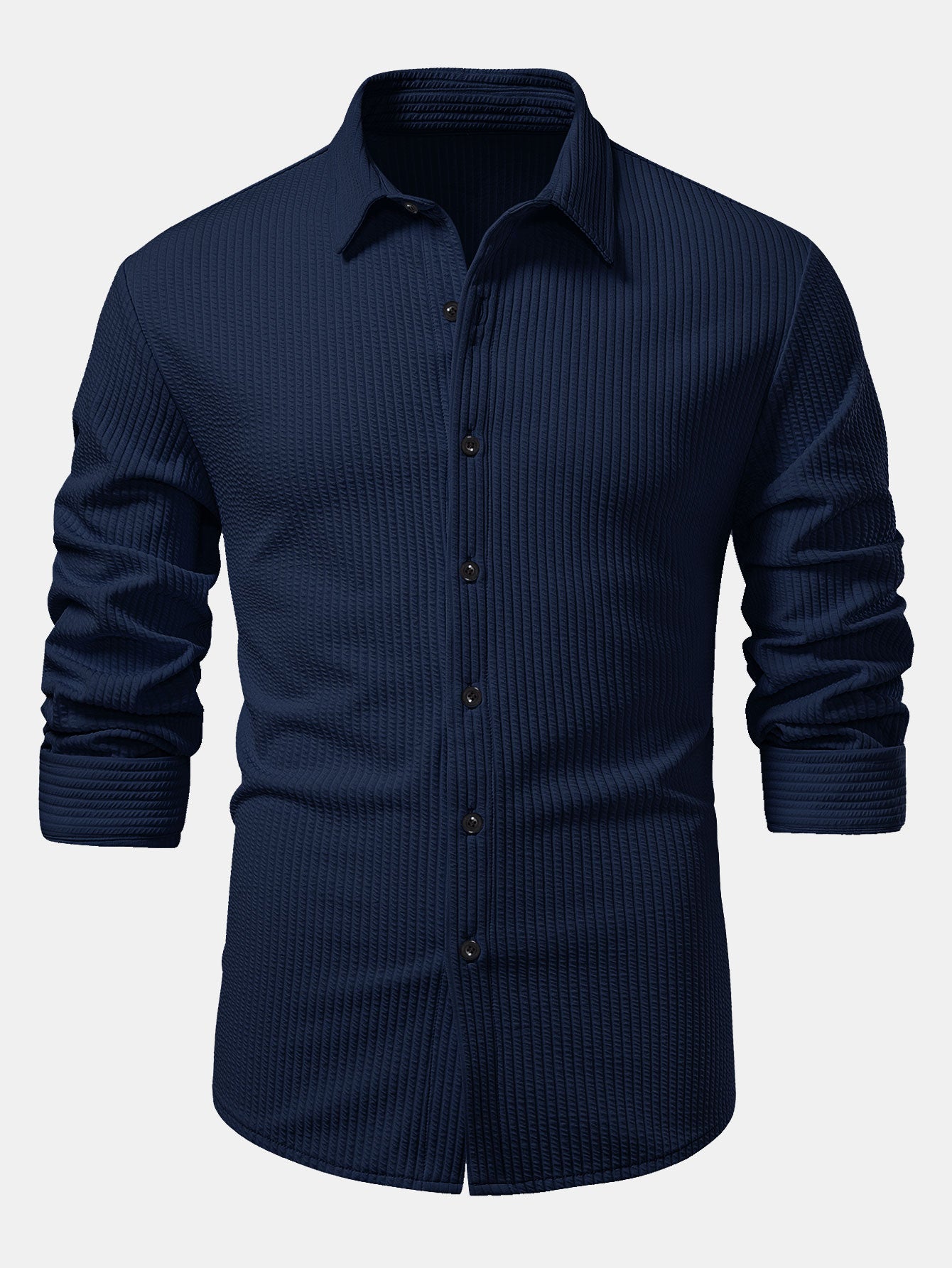 Ribbed Long Sleeve Muscle-Fit Button-Up Shirt