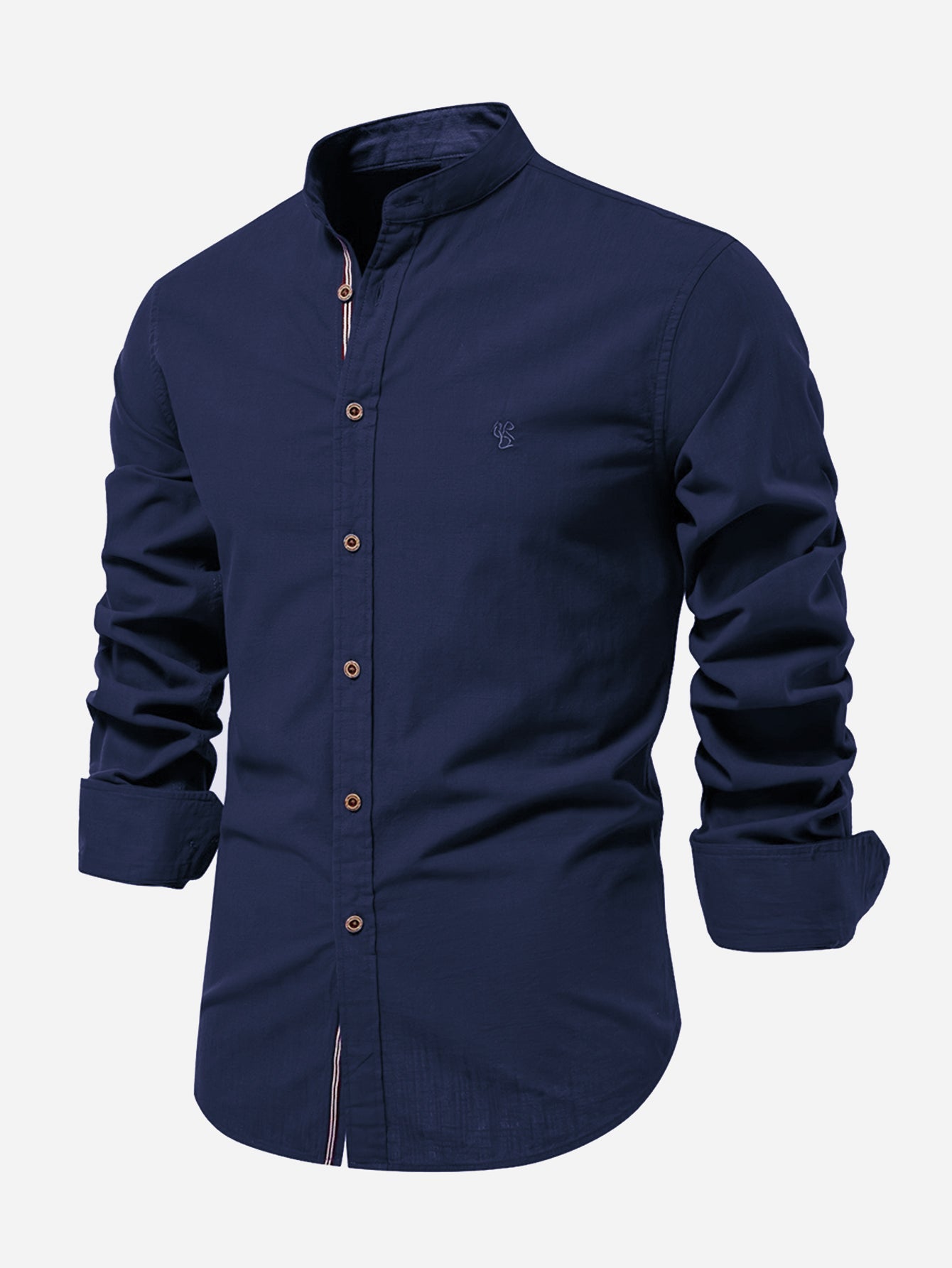 High-neck linen effect long-sleeve shirt