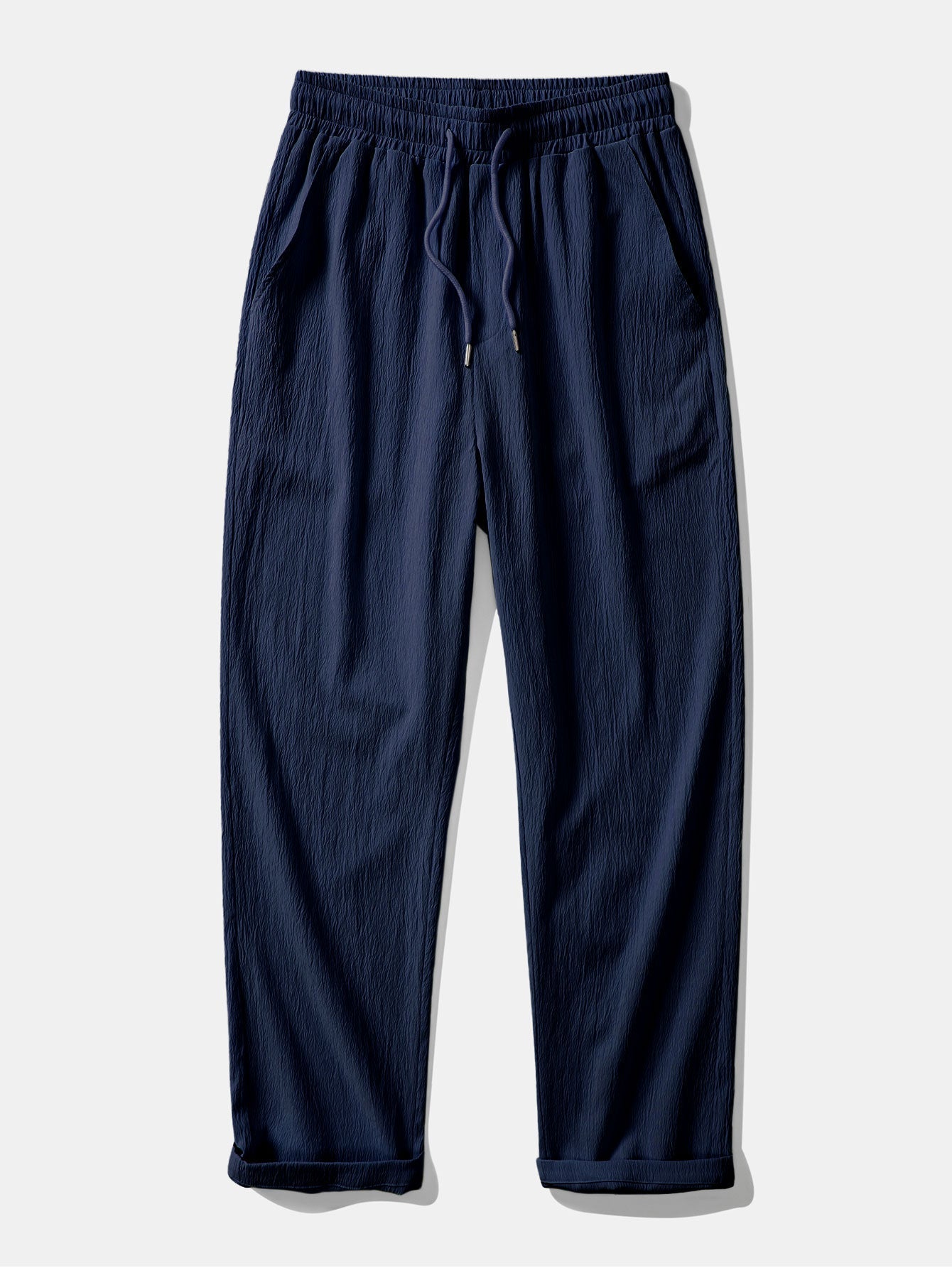 Short Sleeve Linen Look Stand Collar Shirt & Crinkle Textured Straight Leg Pants