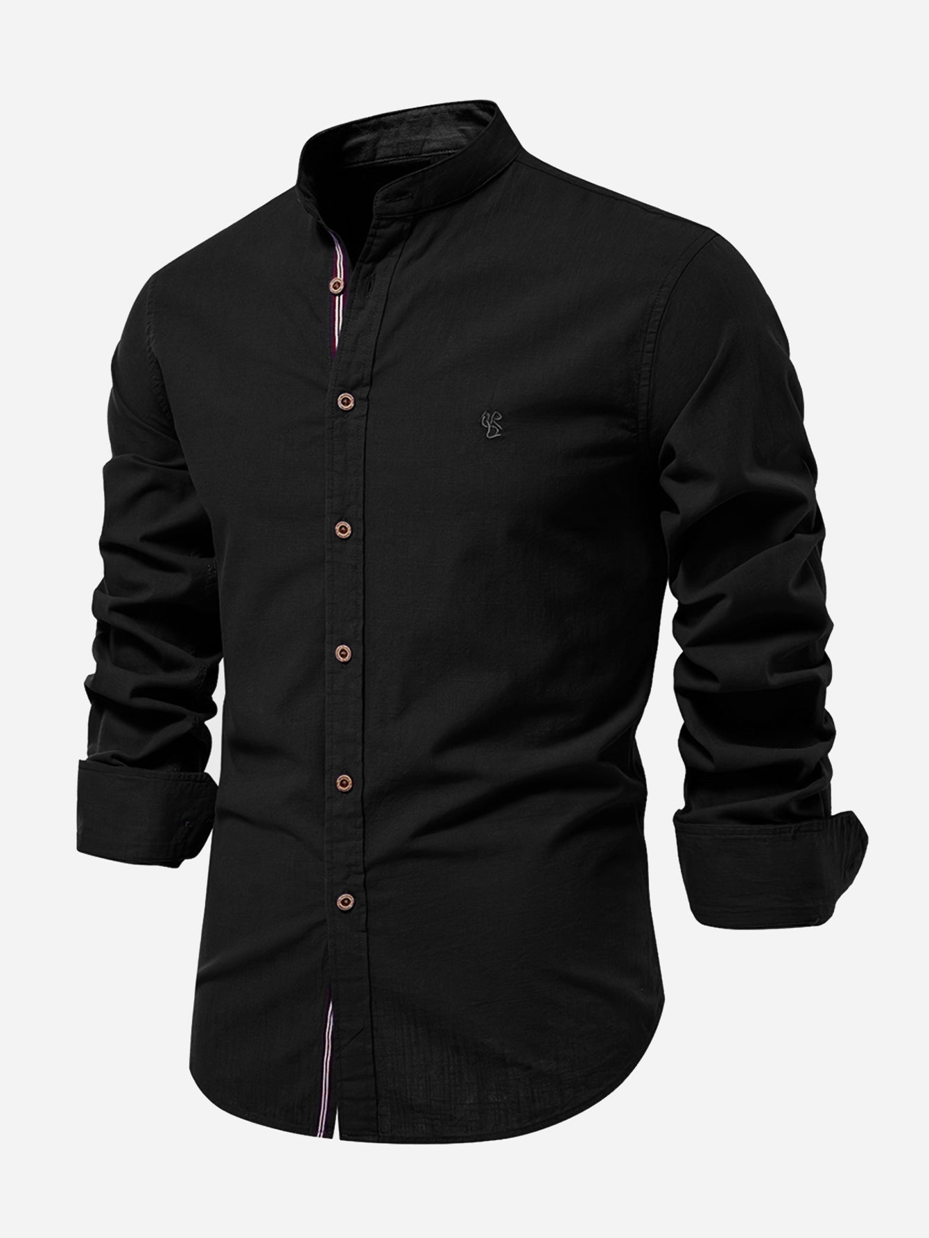 High-neck linen effect long-sleeve shirt