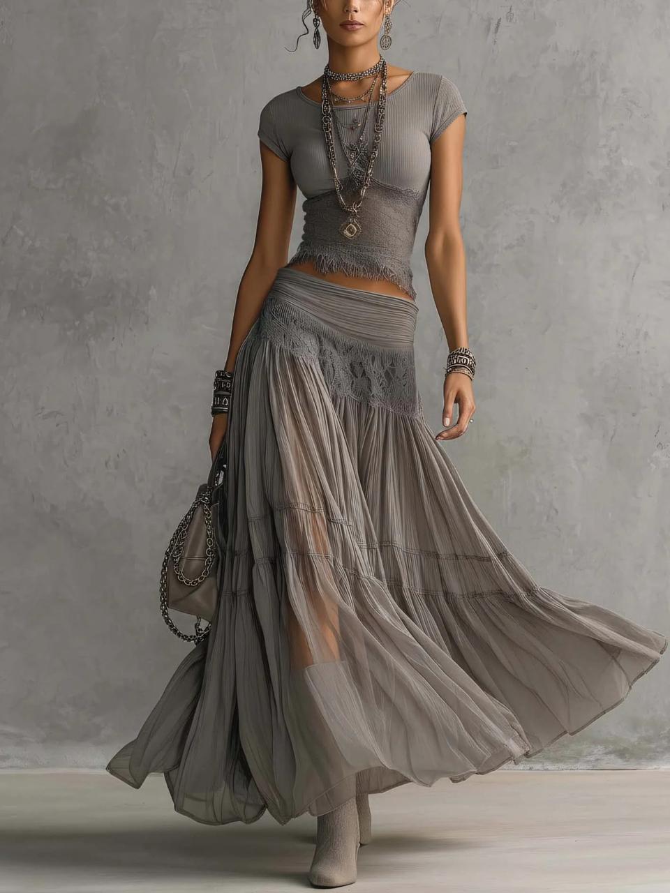 LACE-PANELED TOP AND PLEATED MAXI SKIRT SET