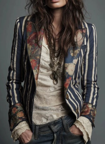 Bohemian Striped Cotton Blazer With Printed Lapels (Khaki Sold out!)