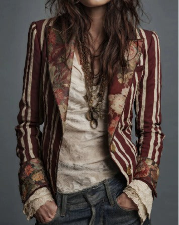 Bohemian Striped Cotton Blazer With Printed Lapels (Khaki Sold out!)