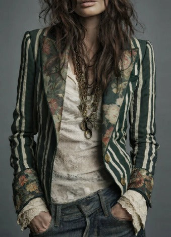 Bohemian Striped Cotton Blazer With Printed Lapels (Khaki Sold out!)