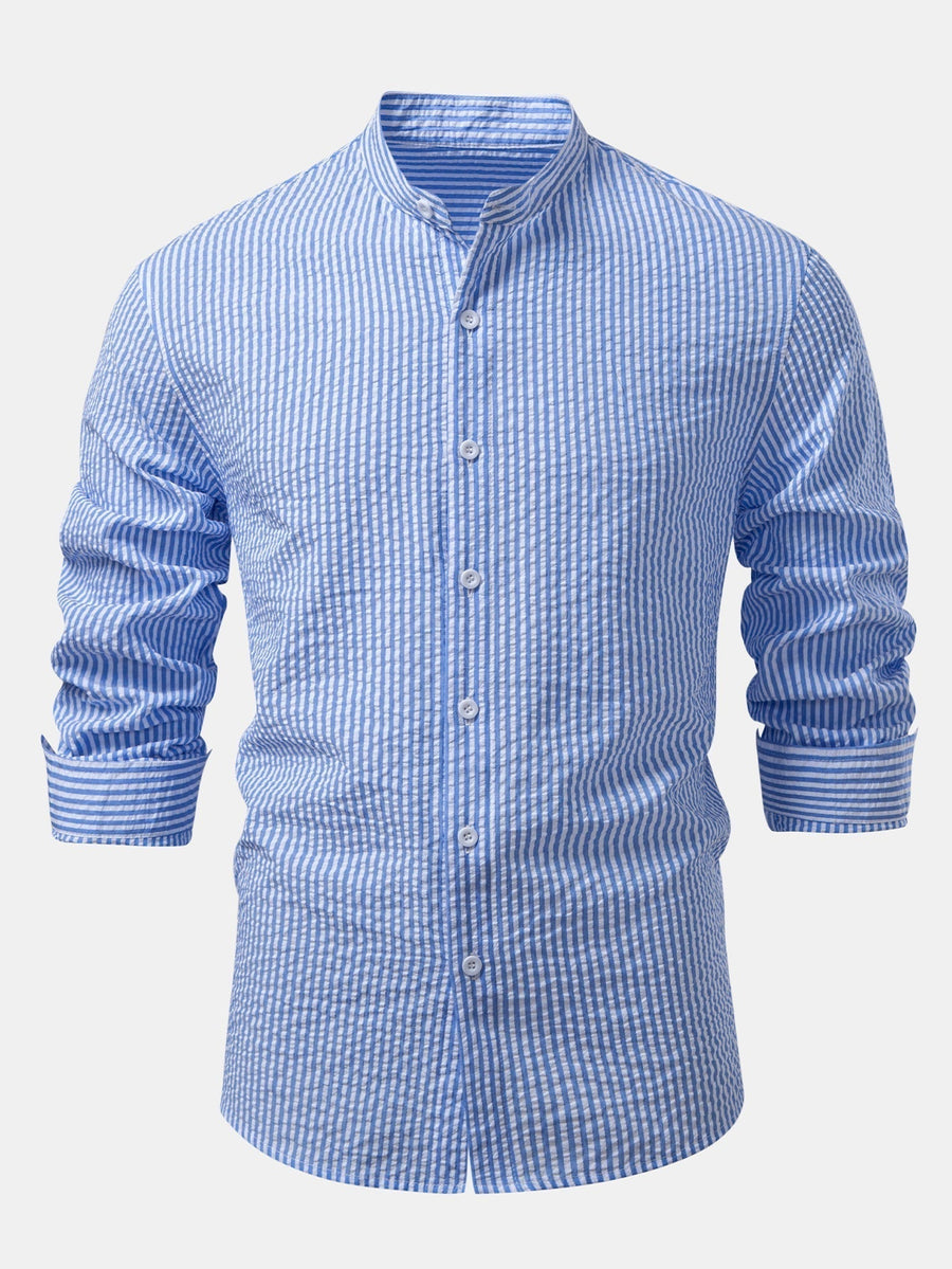 Striped Seersucker Shirt with High Collar