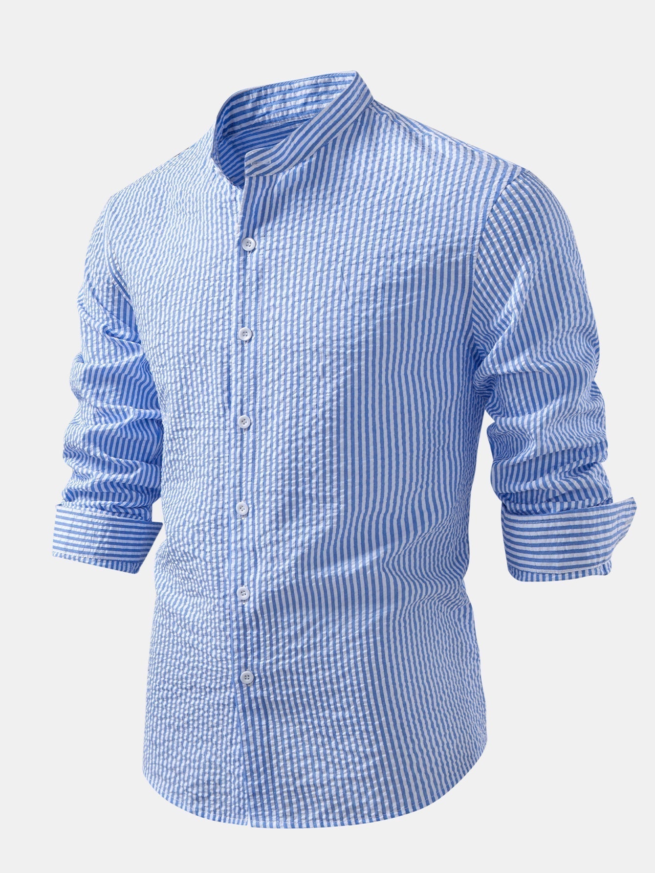 Striped Seersucker Shirt with High Collar