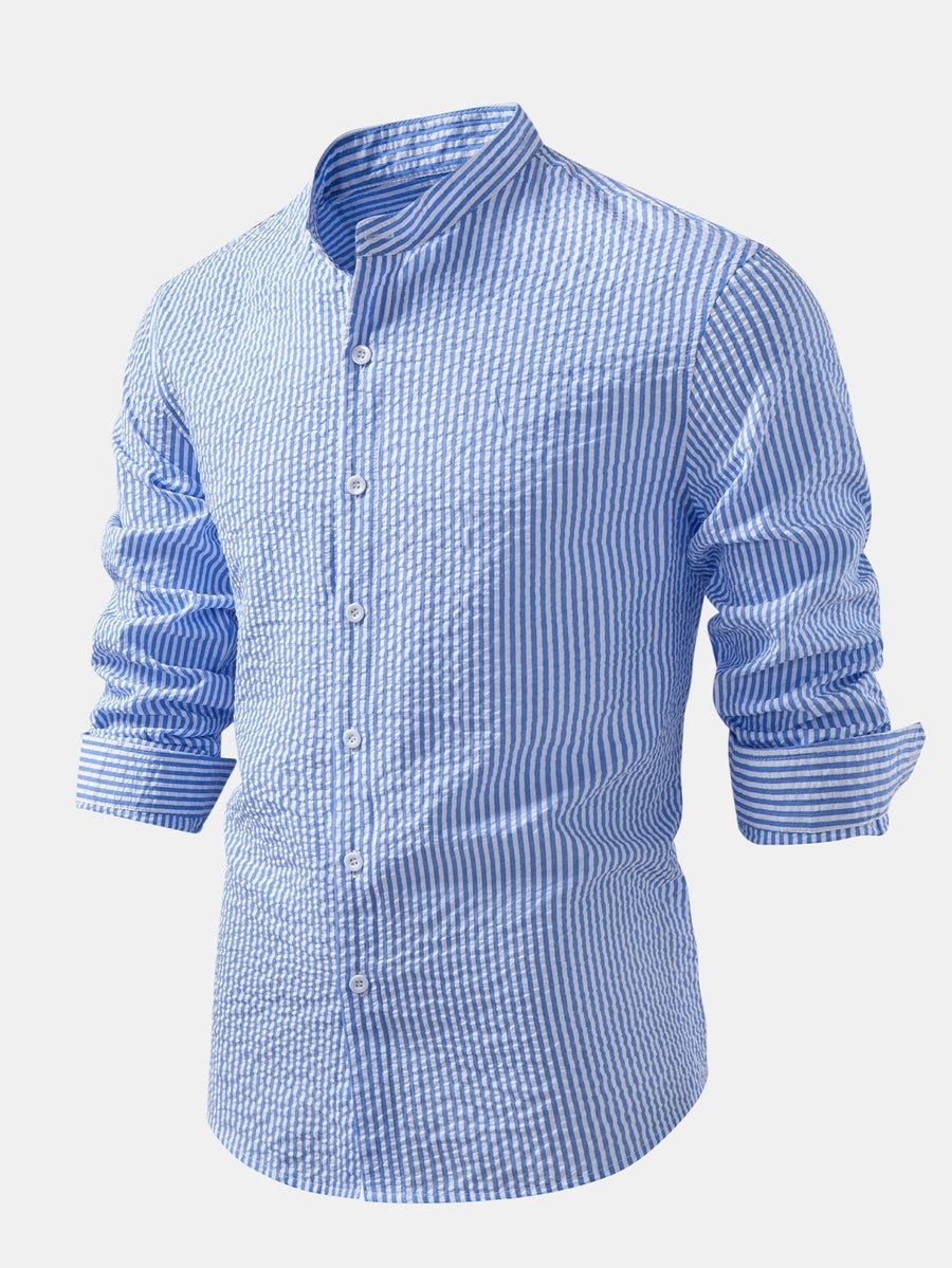 Striped Seersucker Shirt with High Collar