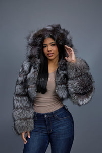 Silver Luxe Crop Bomber with Hood