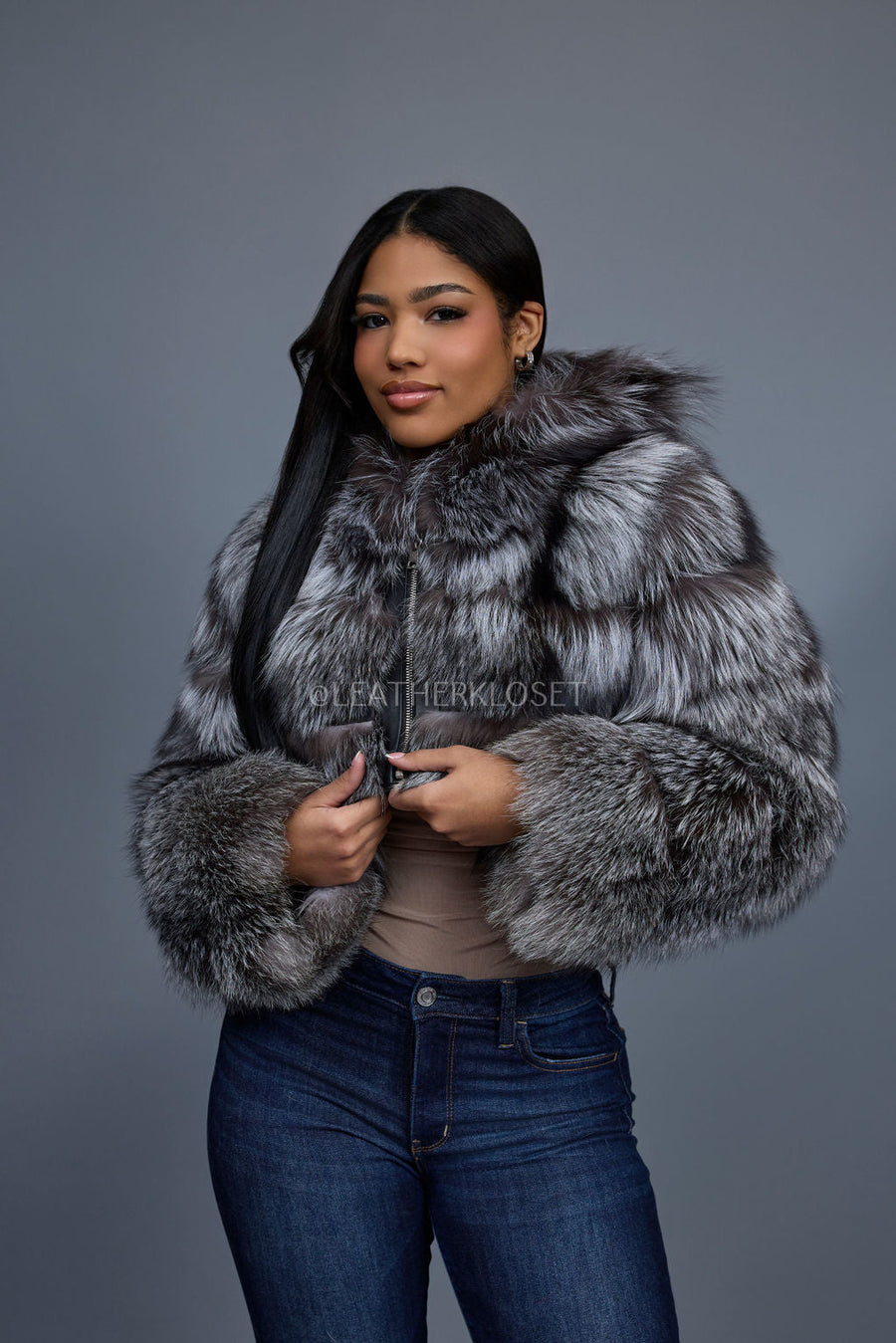 Silver Luxe Crop Bomber with Hood