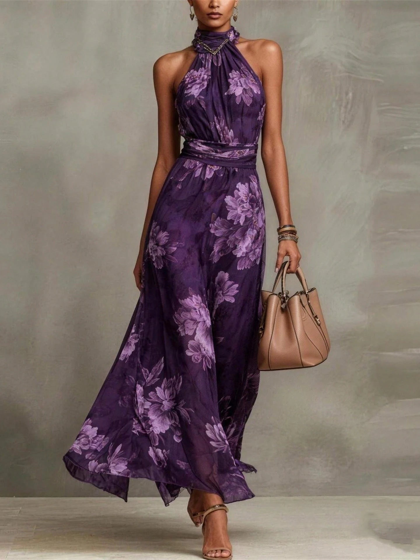 Green Floral Chiffon Halter Maxi Dress