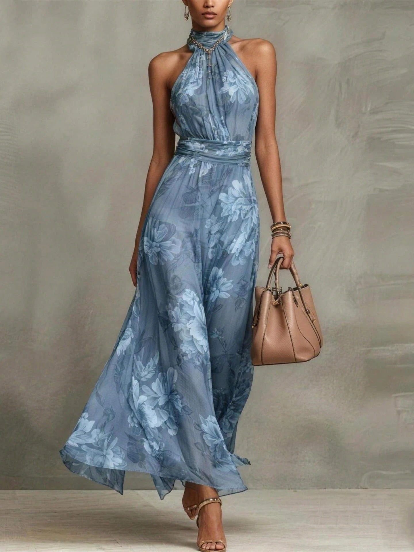 Green Floral Chiffon Halter Maxi Dress