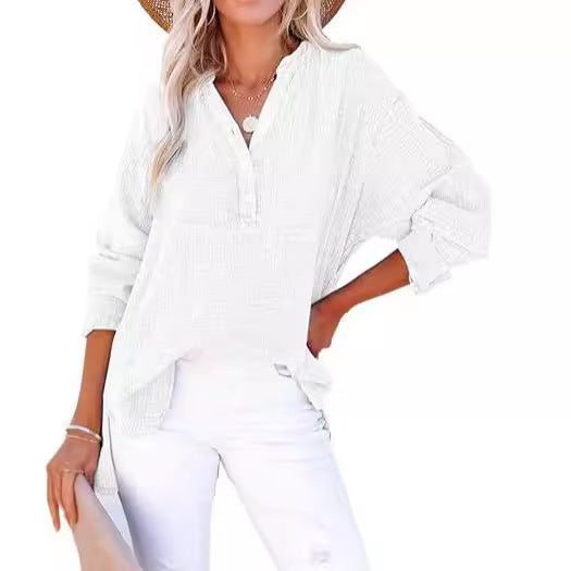 Leonie Pleated Button Cotton Long Sleeve Top