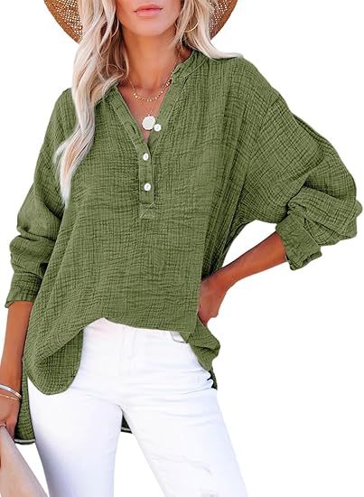 Leonie Pleated Button Cotton Long Sleeve Top