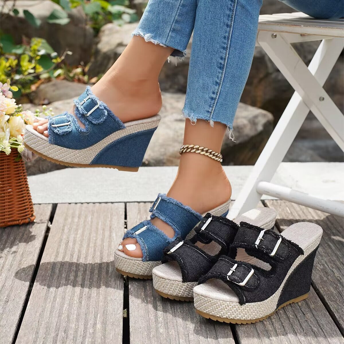 Ada | Denim Wedge Sandals