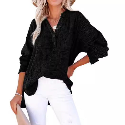 Leonie Pleated Button Cotton Long Sleeve Top