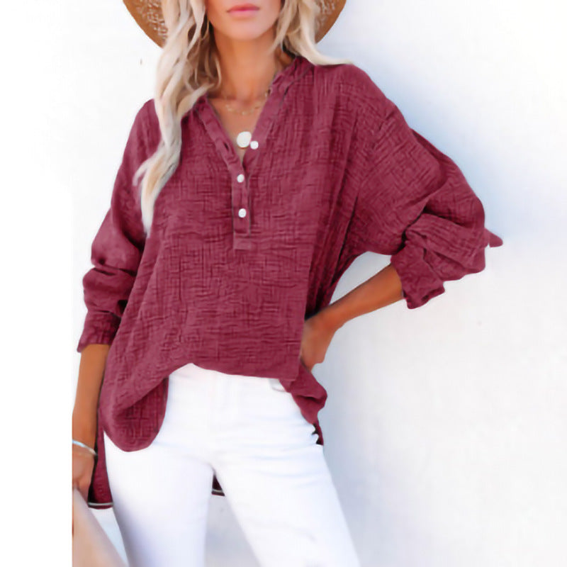 Leonie Pleated Button Cotton Long Sleeve Top