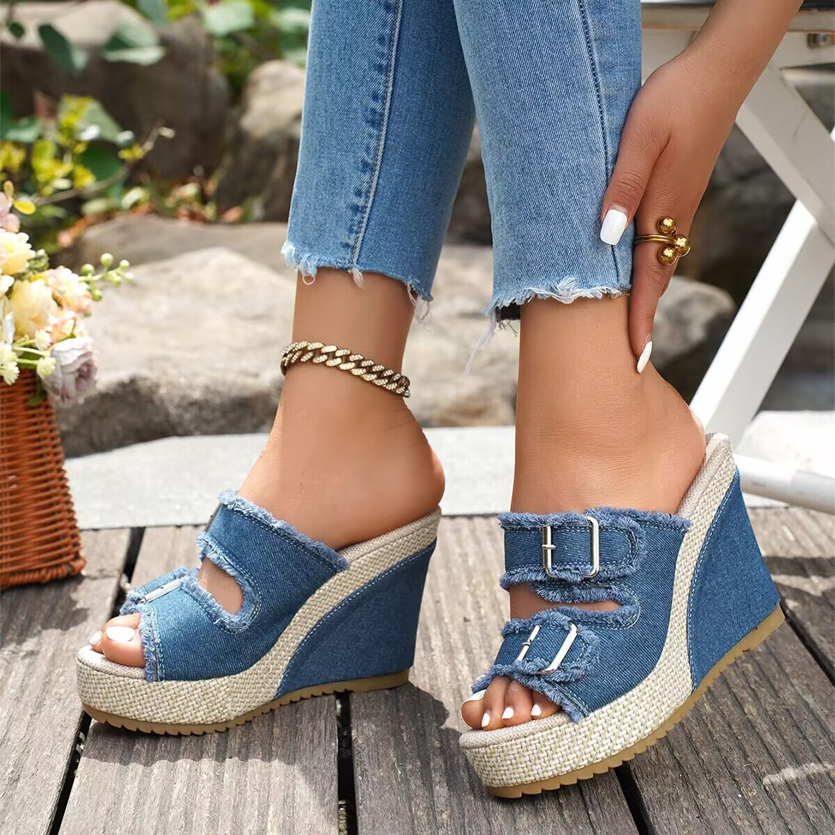 Ada | Denim Wedge Sandals