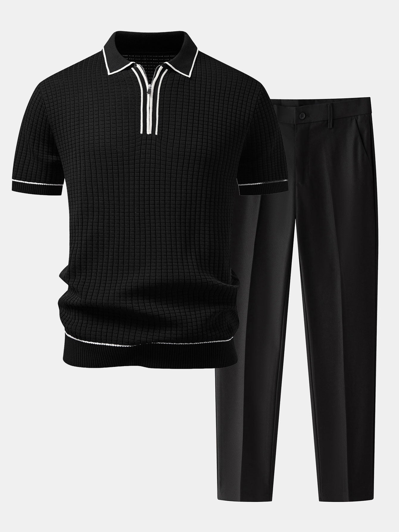 Contrast Trim Waffle Zipper Knit Polo & Slim Fit Tapered Trousers