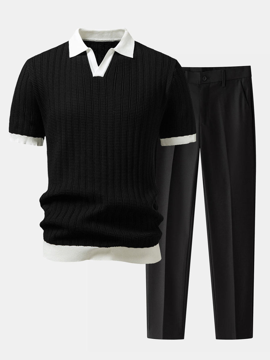 Contrast Textured Johnny Collar Polo & Slim Fit Tapered Trousers