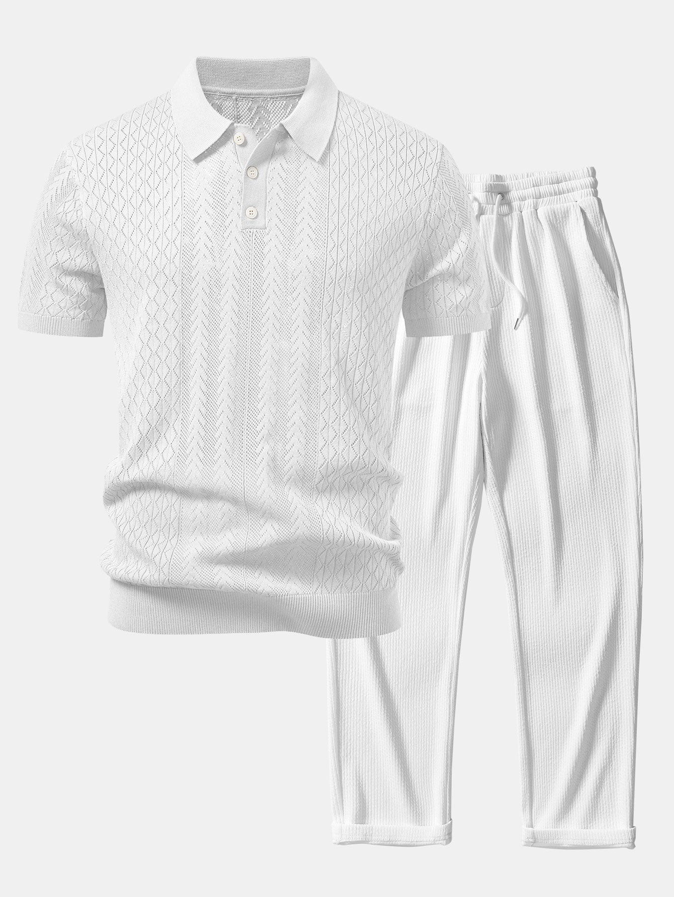 Geometric Jacquard Open Knit Polo & Straight Leg Ribbed Pants