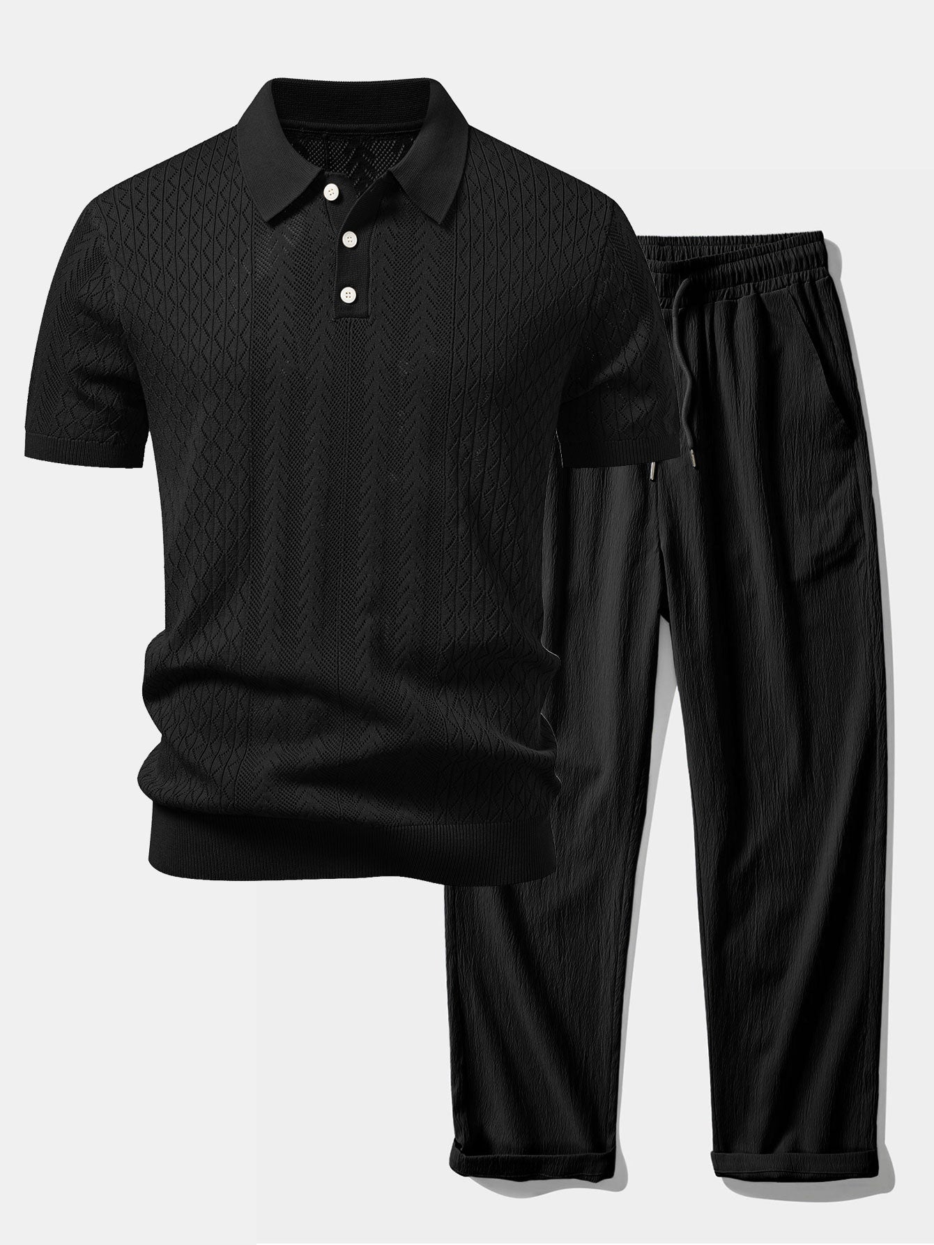 Geometric Jacquard Open Knit Polo & Crinkle Textured Straight Leg Pants