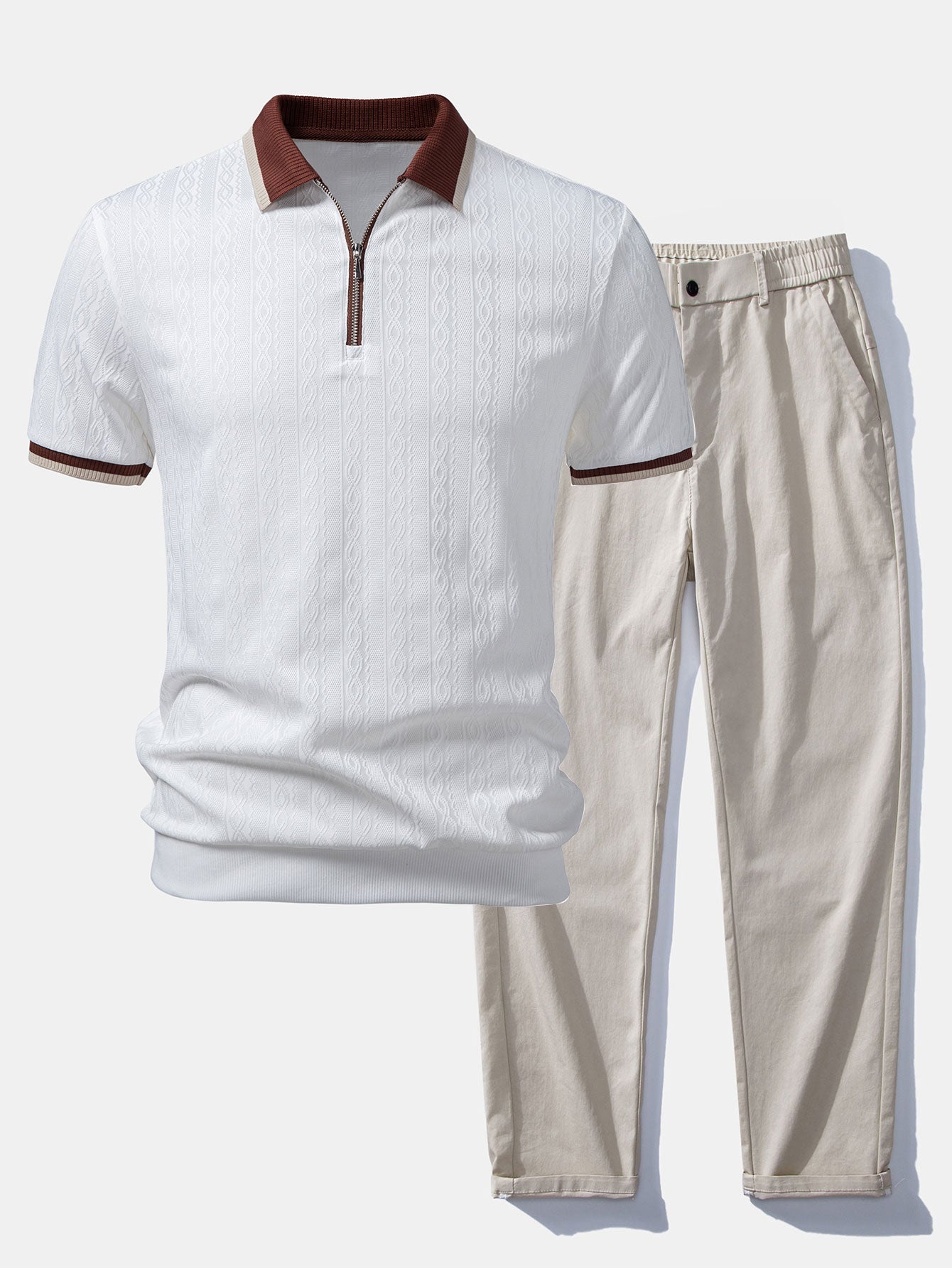 Contrast Trim Textured Zipper Knit Polo & Elastic Waist Straight Leg Trousers