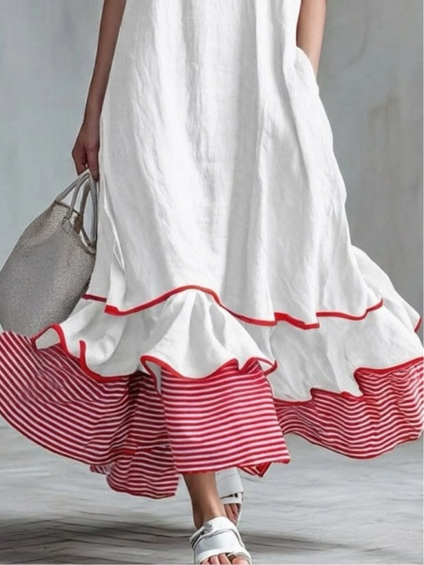 Agata | White Maxi Dress with Red Striped Ruffles