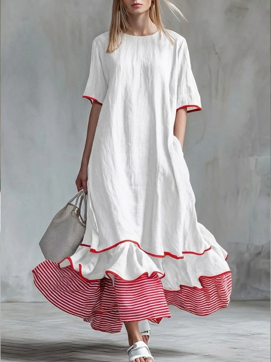 Agata | White Maxi Dress with Red Striped Ruffles