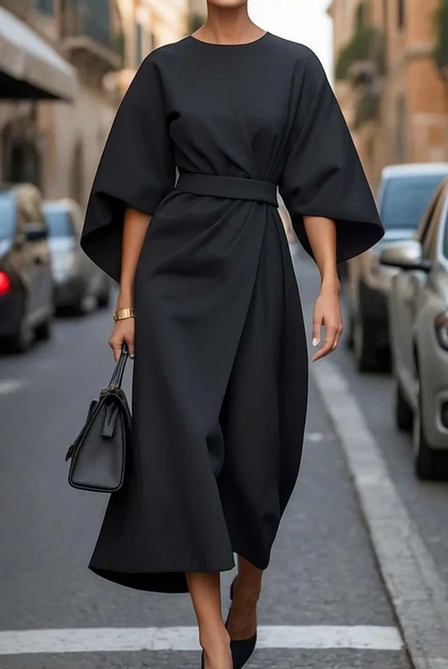 Elegant Dress with Lantern Sleeves and Belt - Tummy Control