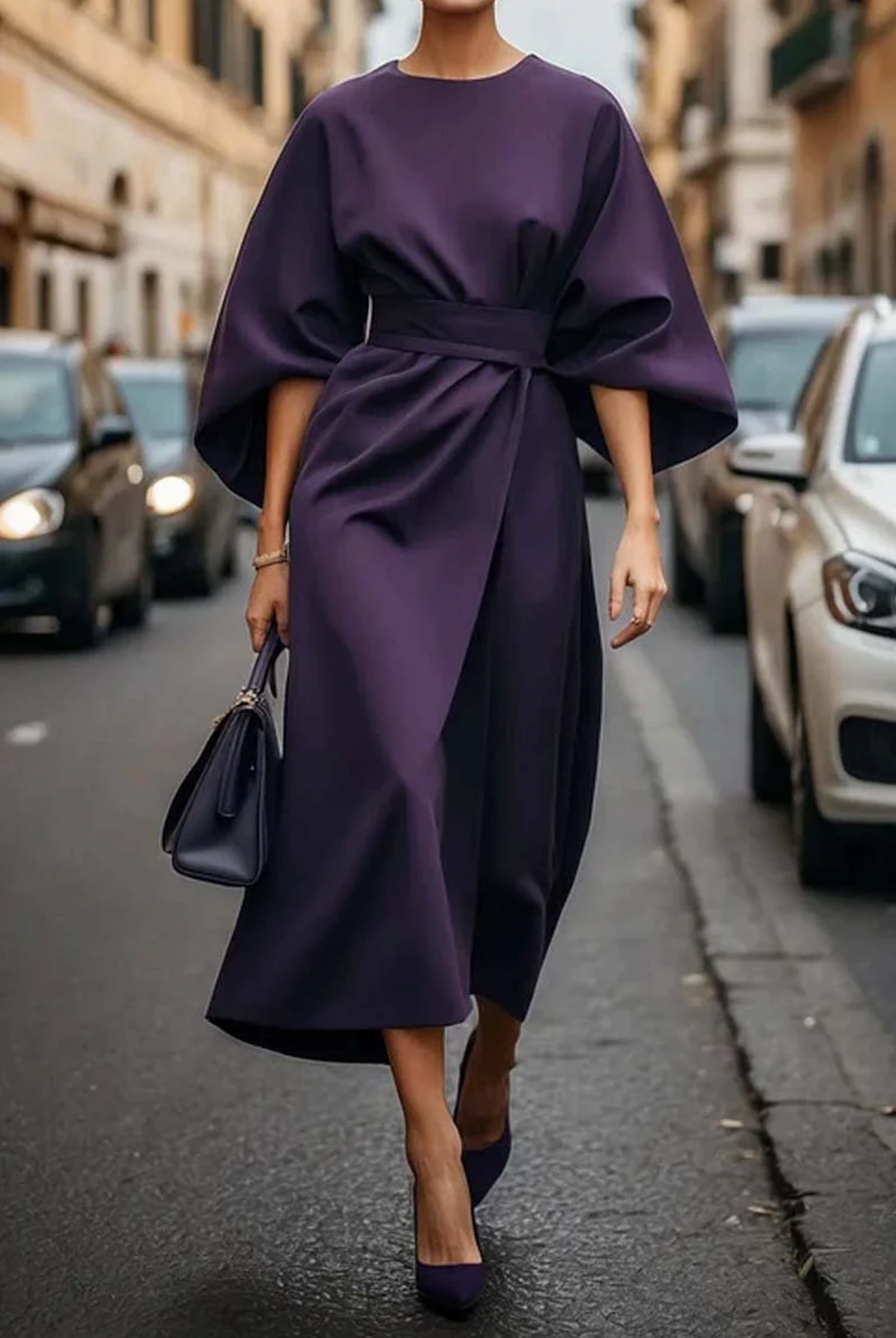 Elegant Dress with Lantern Sleeves and Belt - Tummy Control