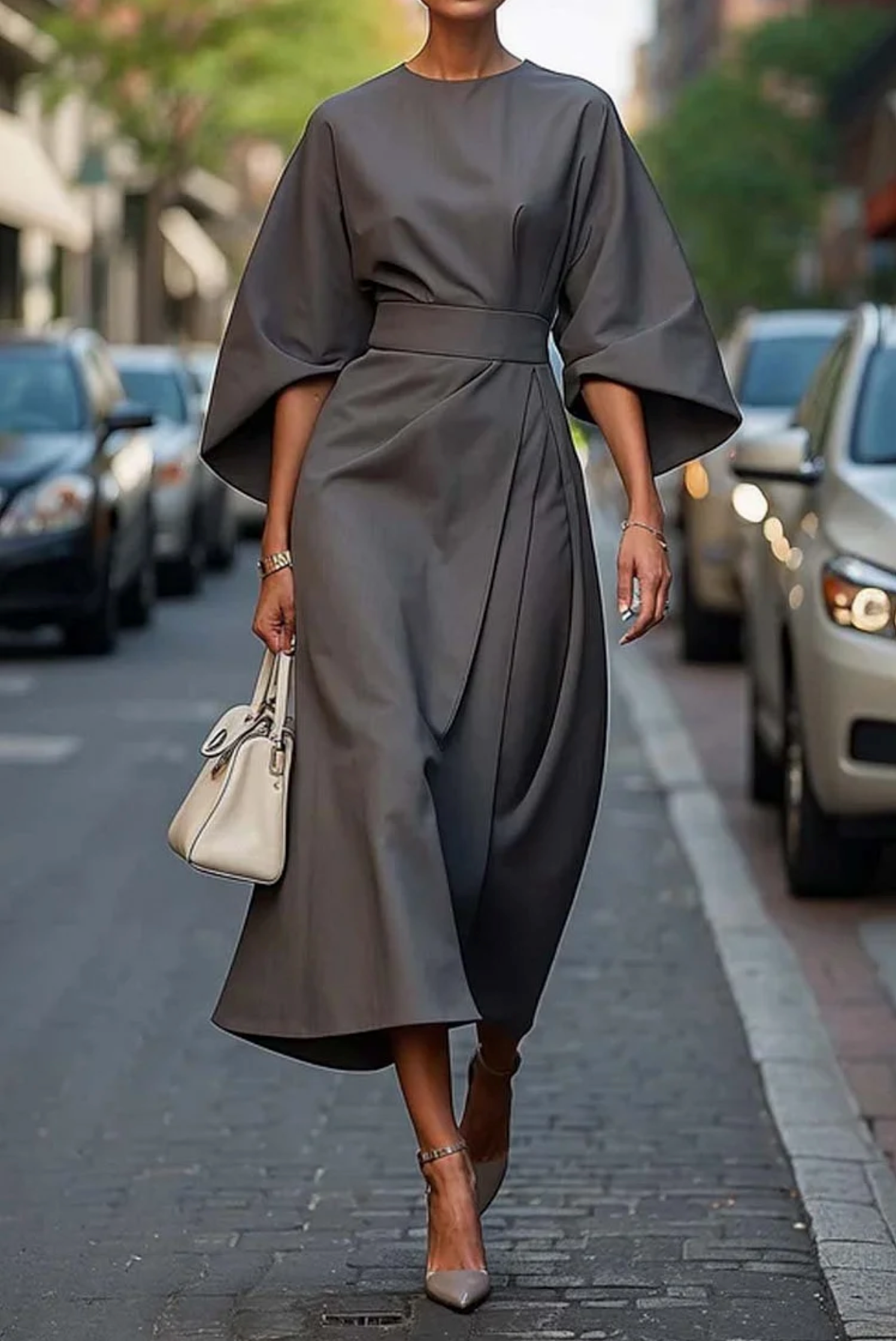 Elegant Dress with Lantern Sleeves and Belt - Tummy Control