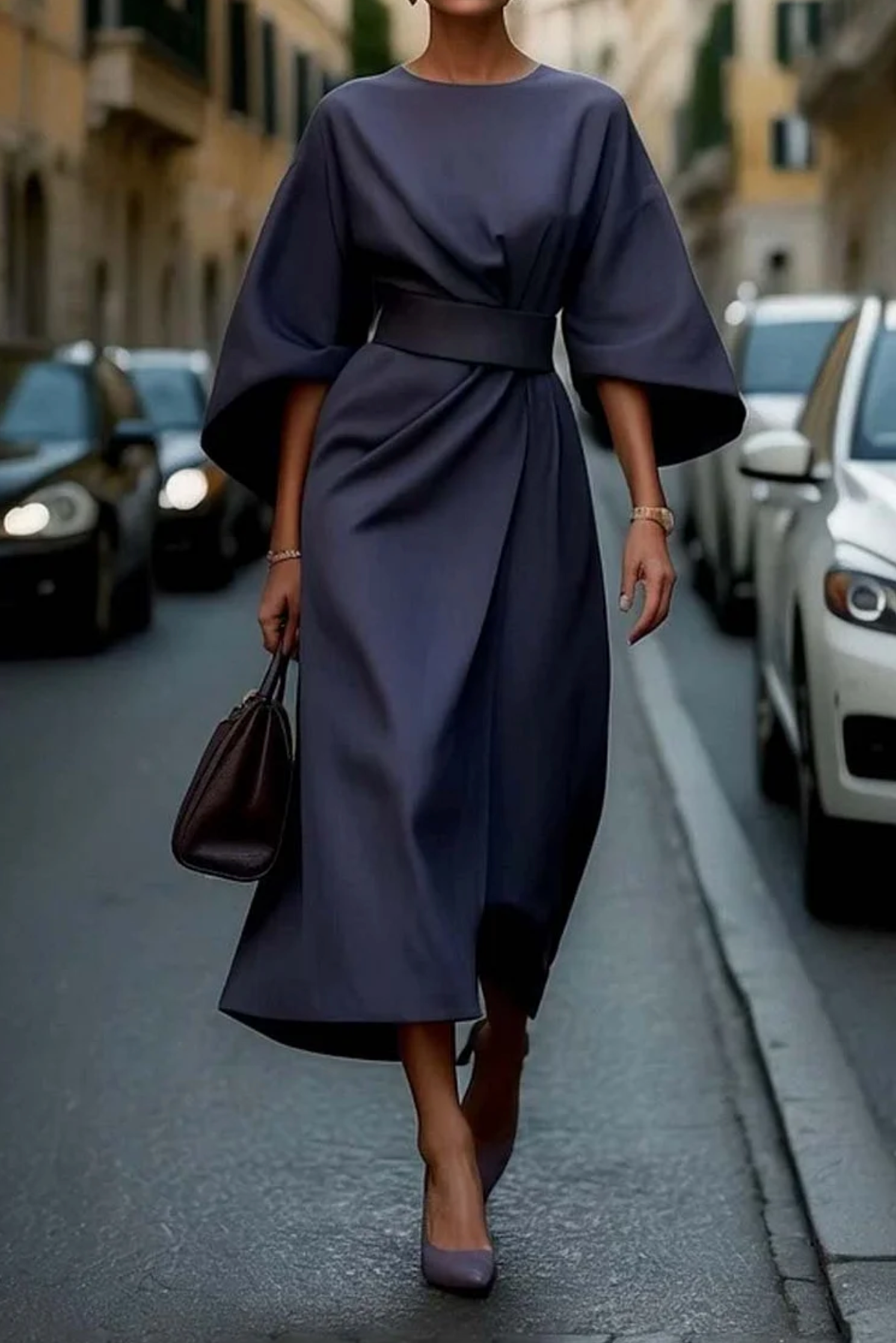 Elegant Dress with Lantern Sleeves and Belt - Tummy Control