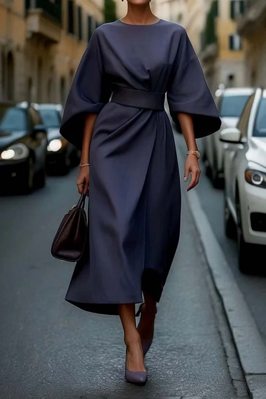 Elegant Dress with Lantern Sleeves and Belt - Tummy Control