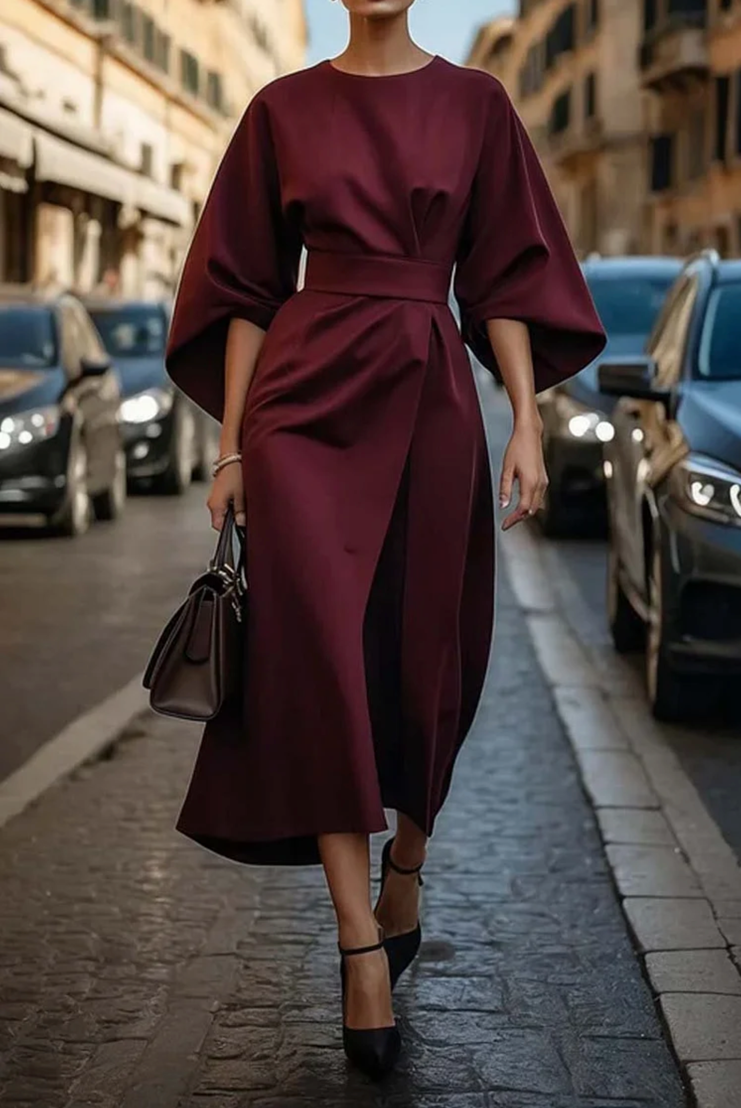 Elegant Dress with Lantern Sleeves and Belt - Tummy Control