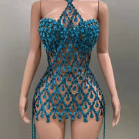Yiling Glittering Blue Rhinestones Dress