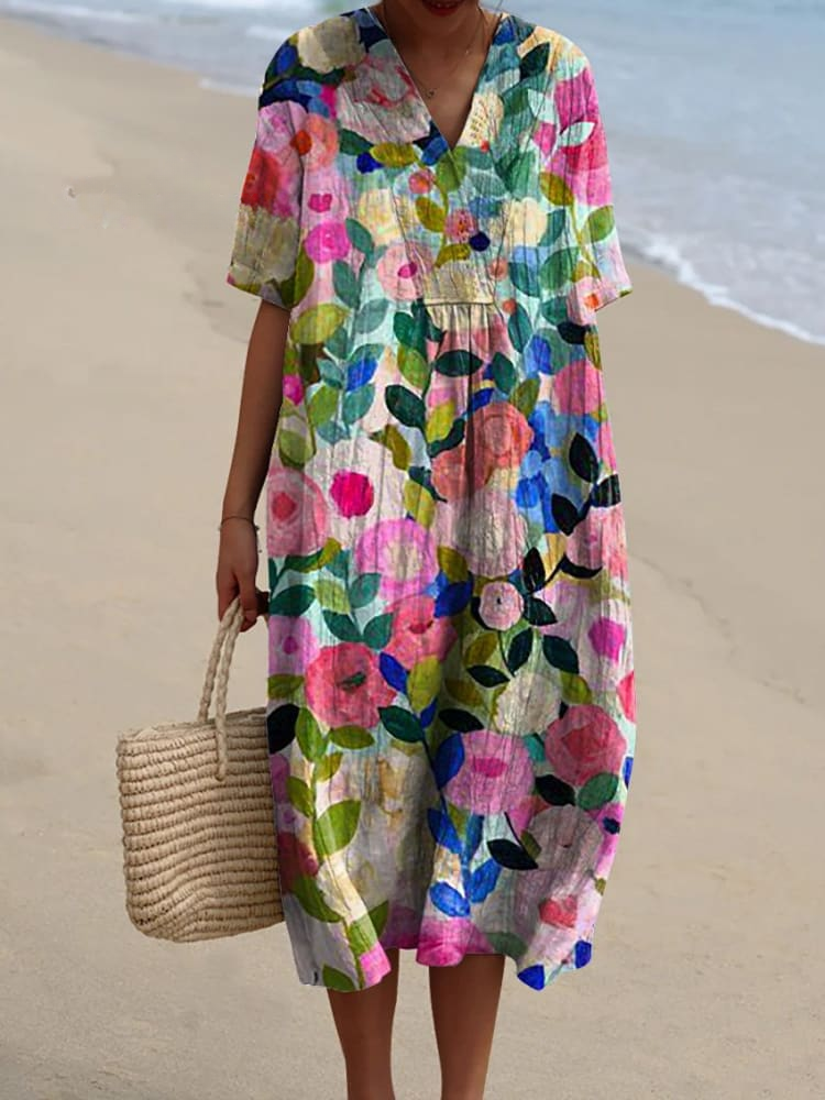 Margaret - Vibrant Floral Garden Print Flowy Dress