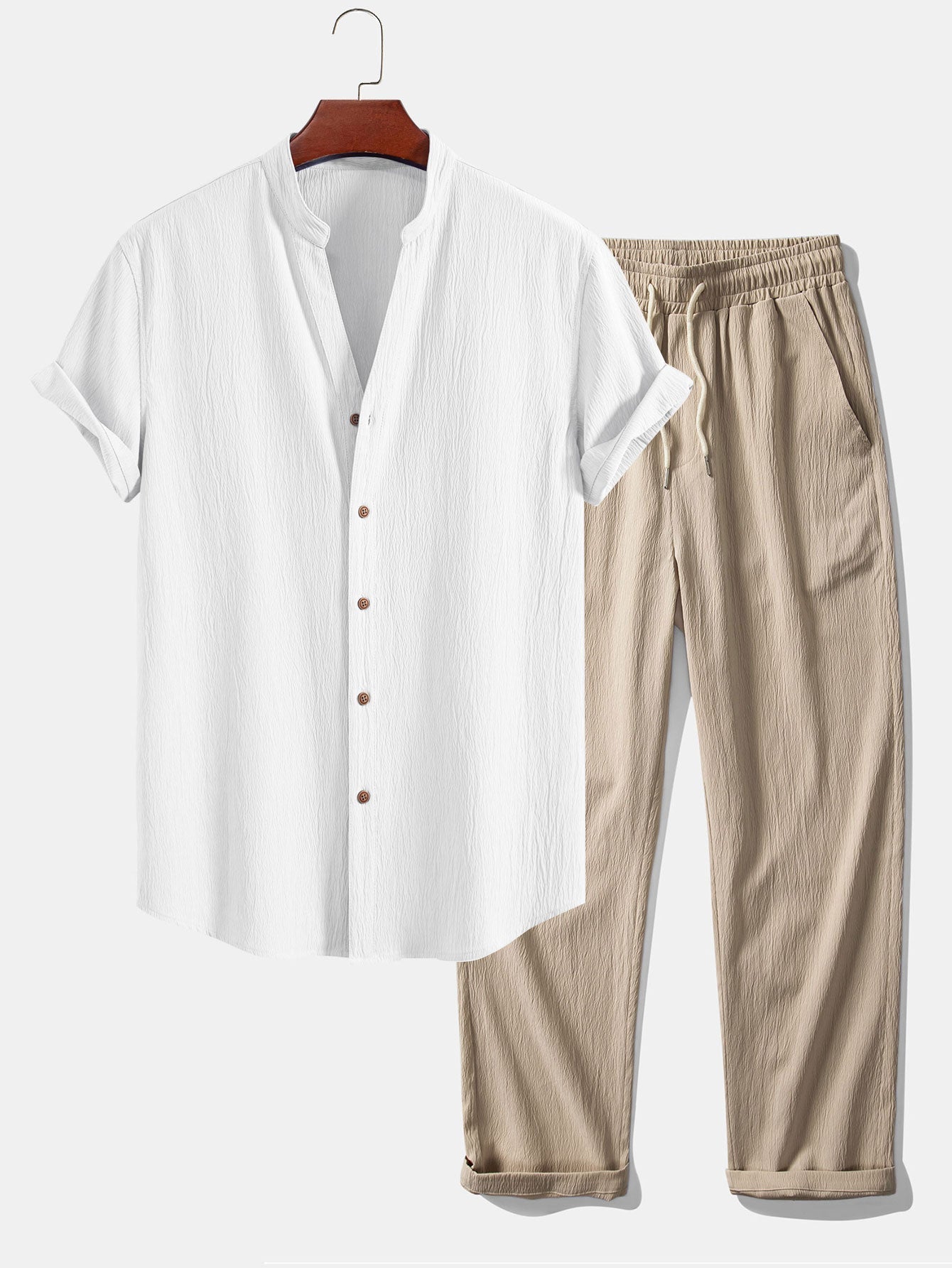 Gerimpelde textuur<tc>rood</tc> V-hals shirt &amp; kreuk textuur<tc>rood</tc> Rechte broek