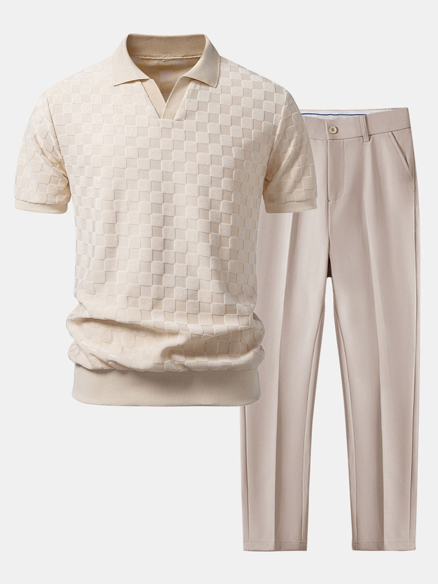 Checkerboard V-Neck Knit Polo & Slim Fit Tapered Trousers