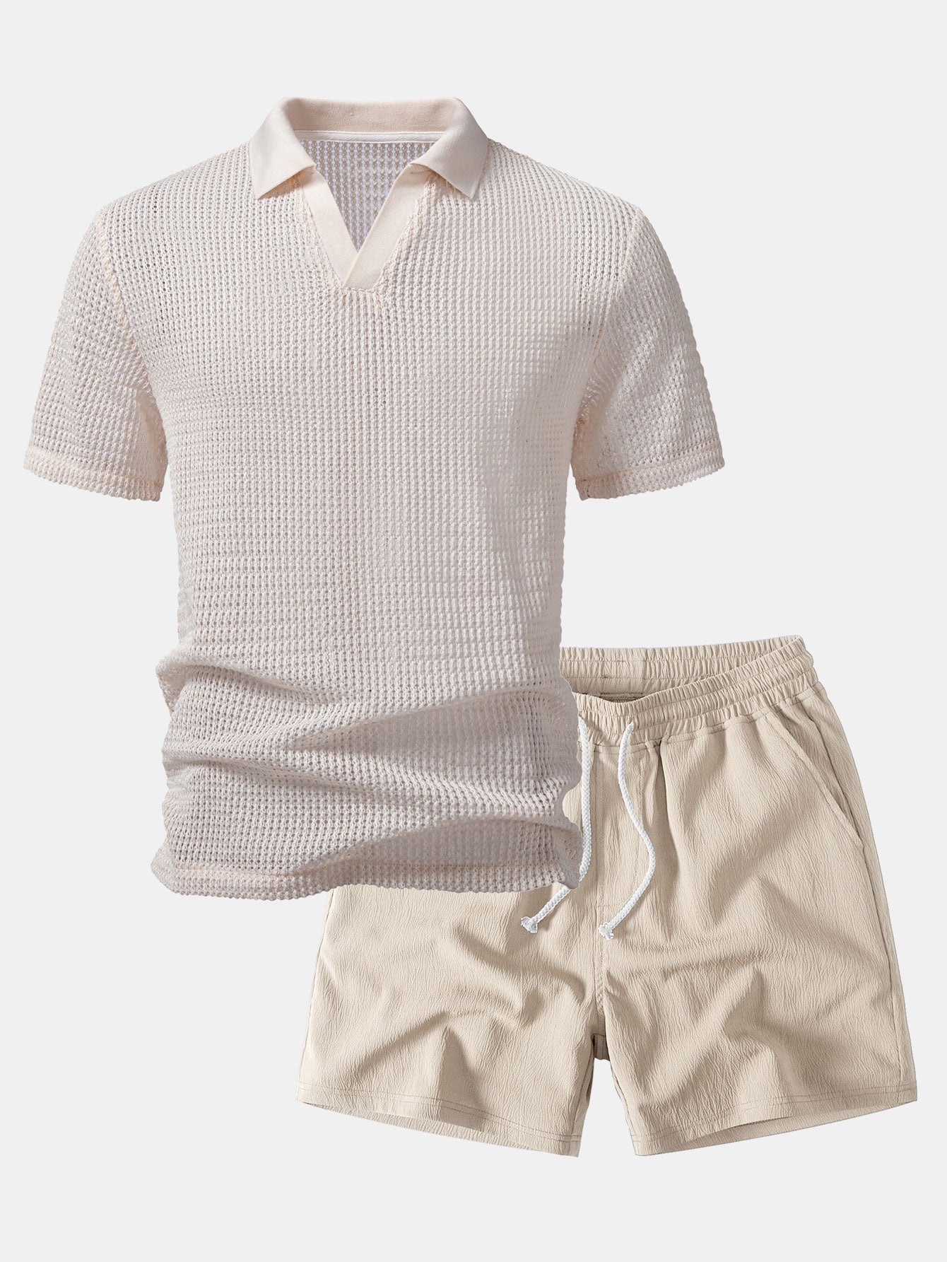 Relax Fit Crocheted V Neck Polo & Crinkle Textured Drawstring 5" Shorts