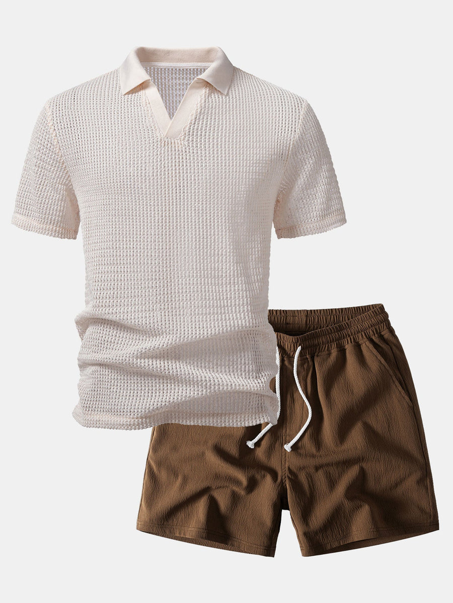Relax Fit Crocheted V Neck Polo & Crinkle Textured Drawstring 5" Shorts