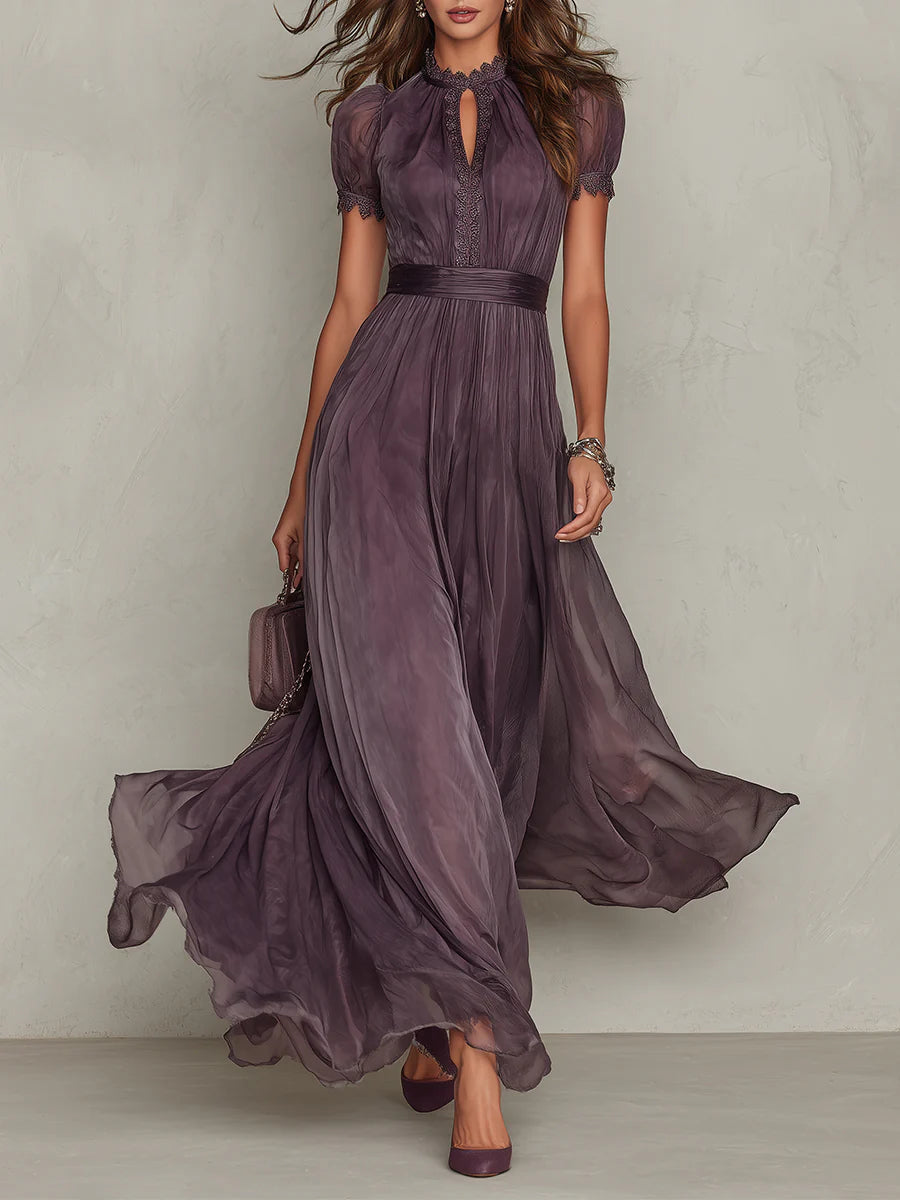Flavia | Long purple dress with keyhole neckline, chiffon lace trim