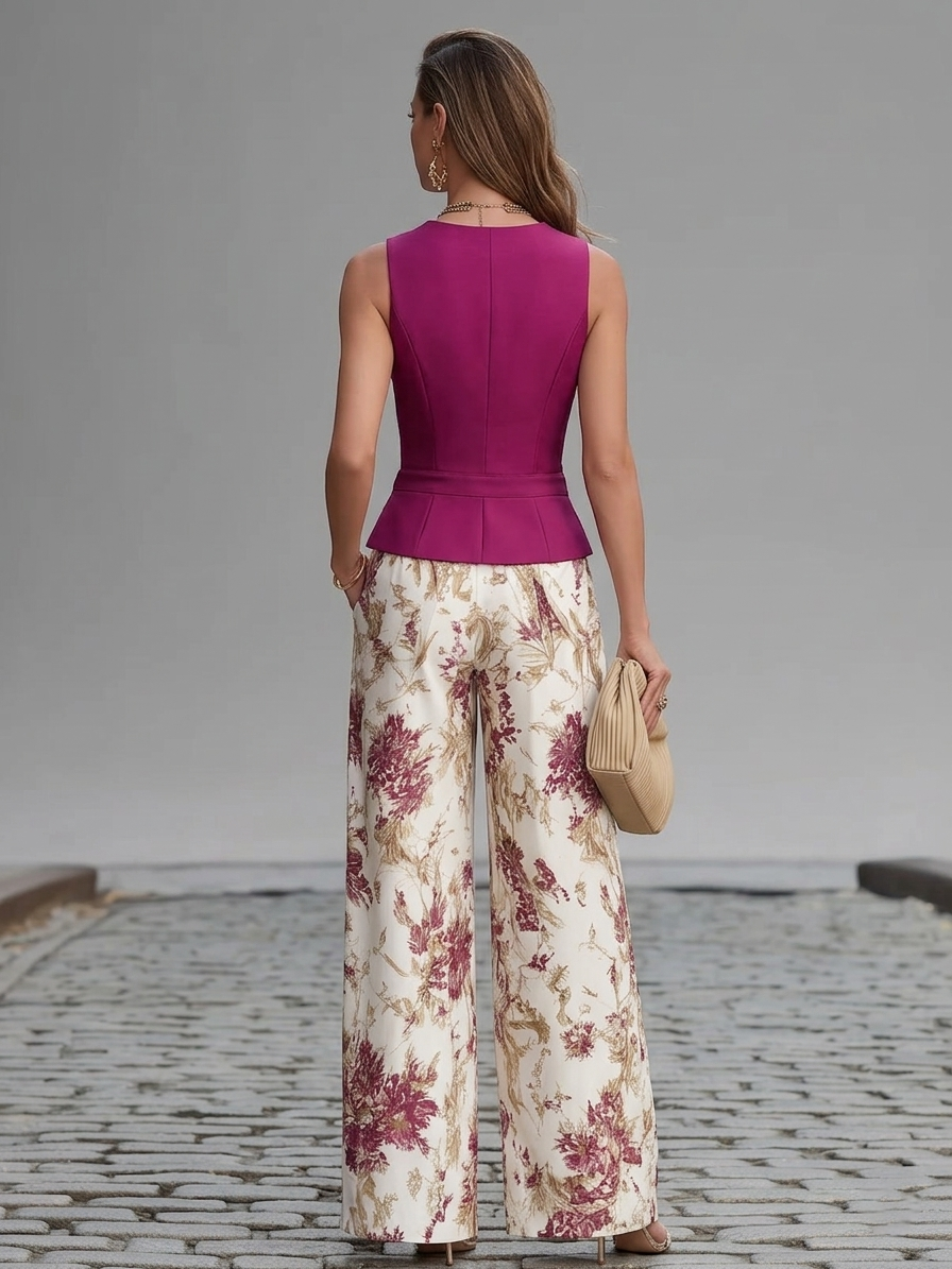 Rose Pink Sleeveless Vest And Floral Printed Wide-leg Pants Set