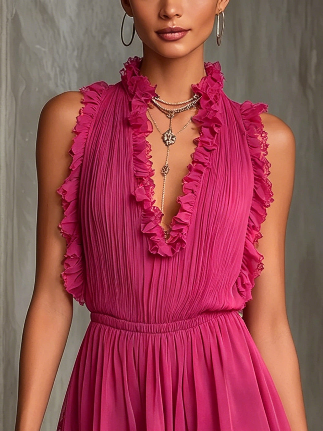Fuchsia Ruffle Trim Pleated Chiffon Lace Jumpsuit