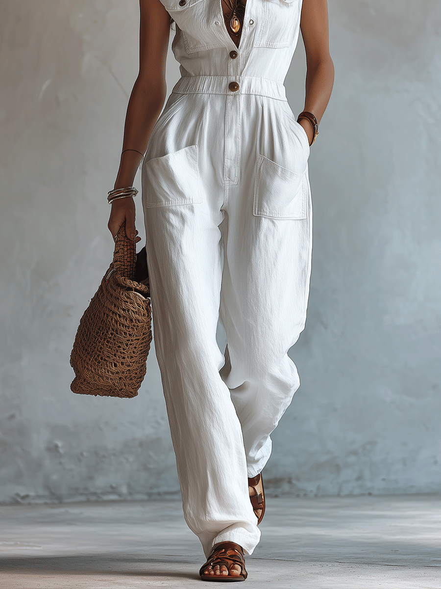 White Sleeveless Faux Cotton-linen Jumpsuit