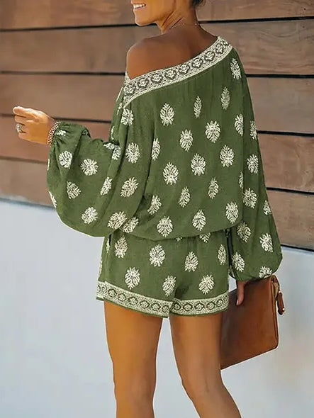 Baroque Print Off-Shoulder Lantern Sleeve Shorts Jumpsuit