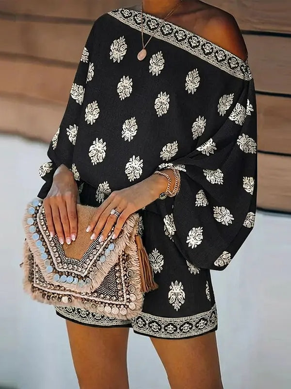 Baroque Print Off-Shoulder Lantern Sleeve Shorts Jumpsuit