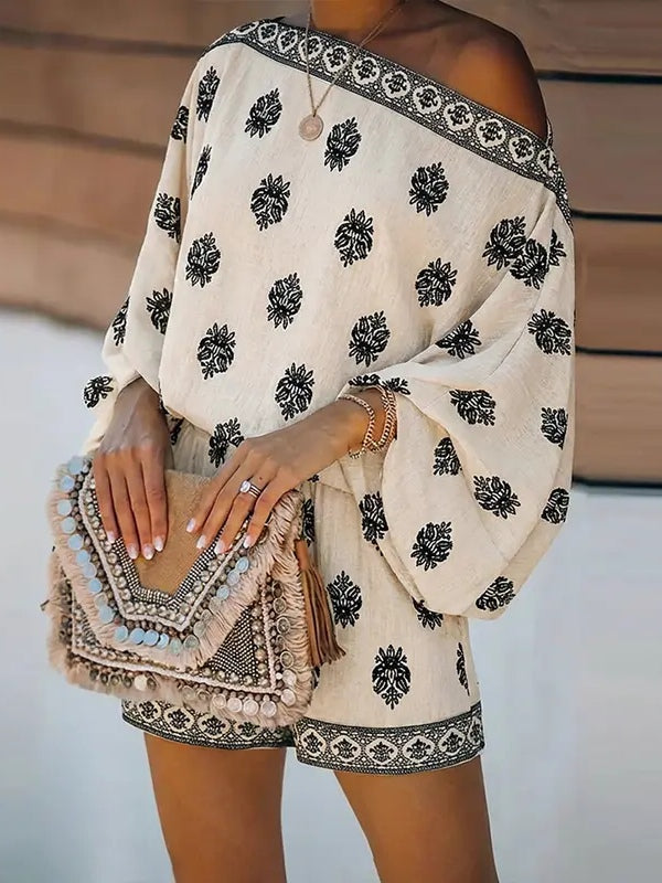 Baroque Print Off-Shoulder Lantern Sleeve Shorts Jumpsuit